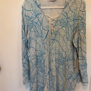 Charlie Holiday Blue and White Leaf Pattern Swim Cover-Up